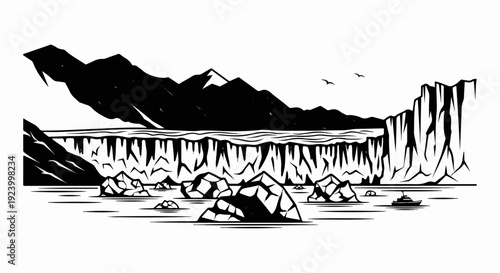 Stylized black and white illustration of a glacier calving into a sea with icebergs and a small boat