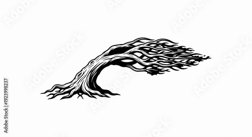 Stylized black and white illustration of a gnarled tree bending to the right