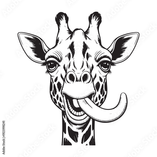 Vintage Playful Giraffe Head with Long Tongue Out Vintage Woodcut Vector Illustration