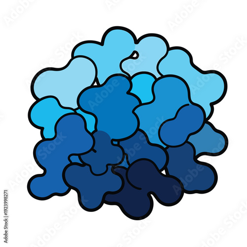 A whimsical illustration of blue flowers in various shades from light to dark, depicted in a cluster viewed from above.