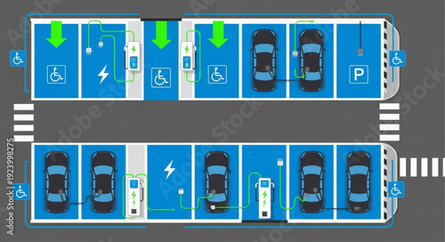 Electric vehicle charging station parking lot with accessibility and reserved spaces.