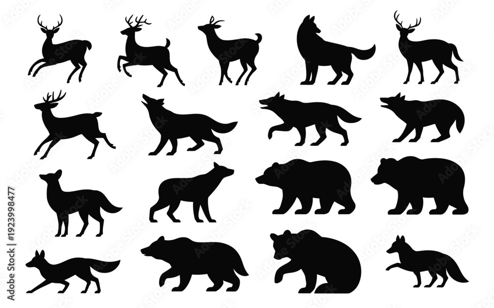 Obraz premium Collection of black silhouettes of forest animals including deer wolves bears and foxes on white background