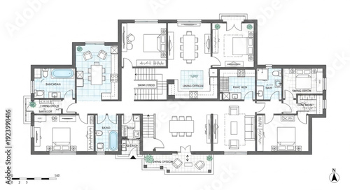 Detailed architectural blueprint showcasing the layout of a residential building with multiple rooms and features.
