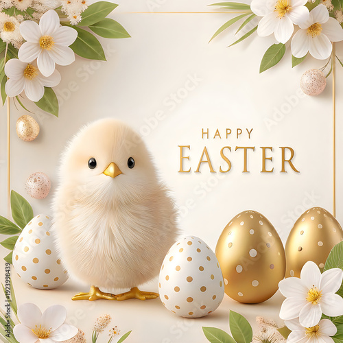 A charming easter scene featuring a fluffy chick and decorated eggs surrounded by flowers
