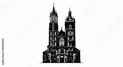 Stylized black and white illustration of a grand gothic cathedral