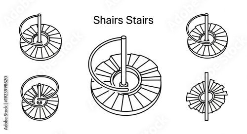 Detailed illustration of spiral staircases with central support and handrails, various perspectives.