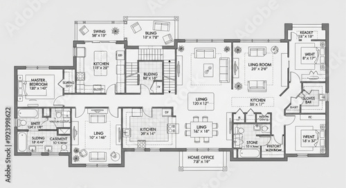 Detailed architectural blueprint showcasing the layout of a residential house with multiple rooms and features.