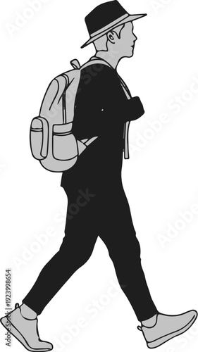 Stylized depiction of a person with a backpack and hat walking
