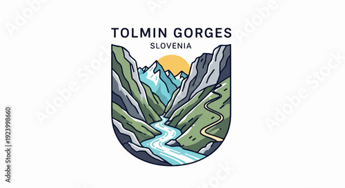 Stylized depiction of a river flowing through steep, green, and gray mountains under a yellow sun