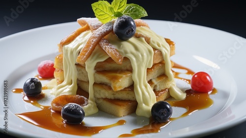 Delectable pancake stack with creamy sauce