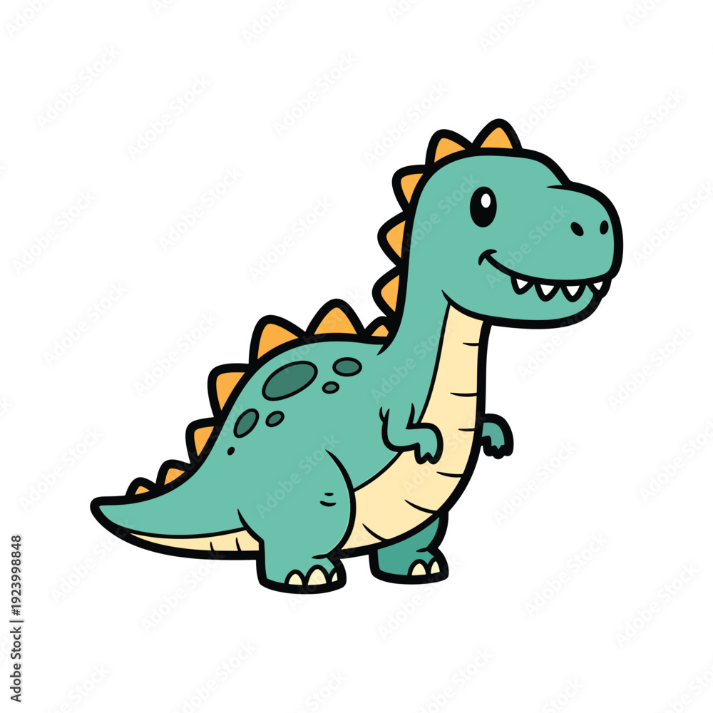 Obraz premium A cartoon dinosaur standing in a playful stance, showcasing vibrant green scales and orange spikes, in a simple illustration style, from a frontal viewpoint.