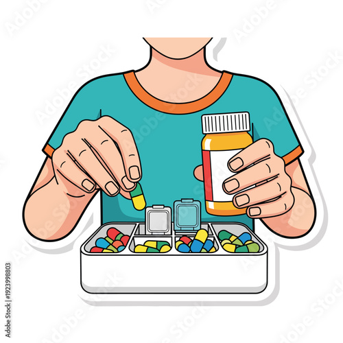 Person holding a bottle of pills and taking medication from a box