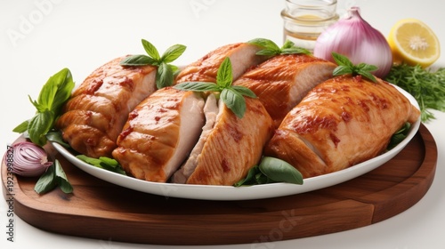 Roasted chicken breasts garnished with basil