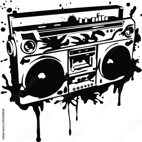 Bold black and white boombox is dripping with fresh ink splashes