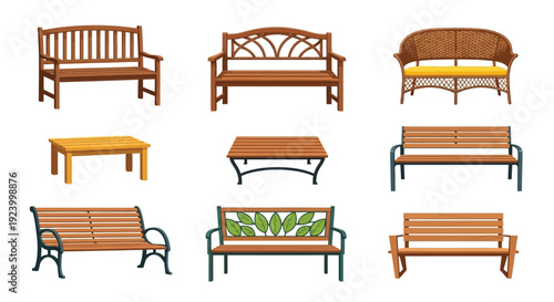 Collection of outdoor furniture benches and tables in various styles
