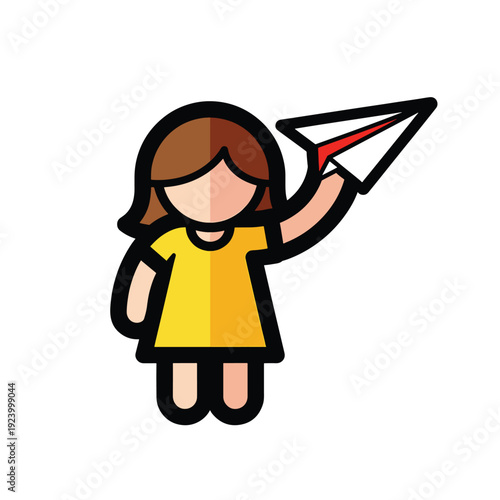 Young girl holding a paper airplane in her hand, standing alone, vector illustration