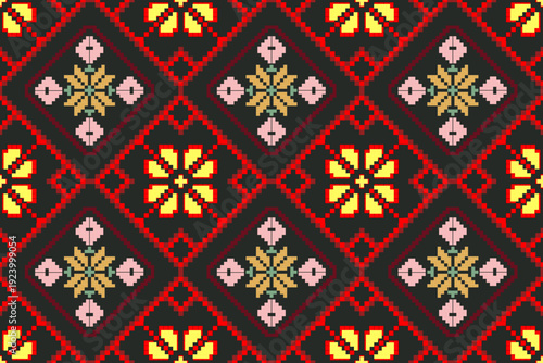 Geometric pixel-style pattern arranged in a seamless symmetrical repeat, featuring diamond shapes and floral motifs at the center. The red, black, yellow, and pink color.