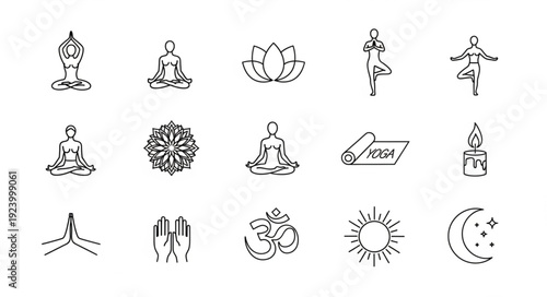 Yoga Icons Set Meditation Lotus Flower Sun Moon Om Symbol.