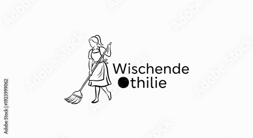Stylized depiction of a person in an apron with a broom, next to text