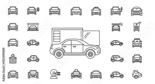 Car service station with a car inside, surrounded by car icons, representing automotive maintenance and repair services.
