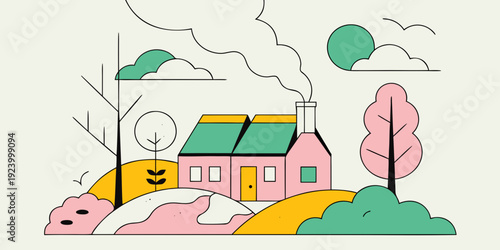 House with Chimney Smoke Eco Concept Vector Illustration