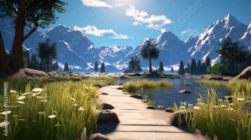 Mountain landscape with wooden path view