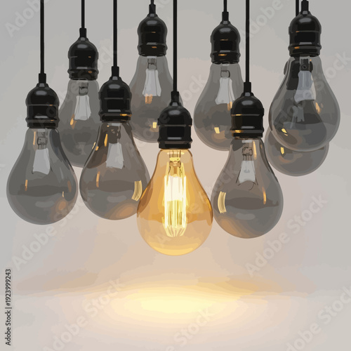 Glowing Yellow Light Bulb among Unlit Bulbs Hanging from Ceiling, Isolated on White Background