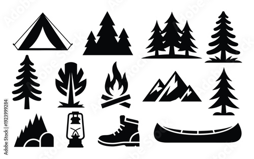 Black camping icons set including tent trees mountains campfire hiking boot canoe on white background for outdoor adventure and travel
