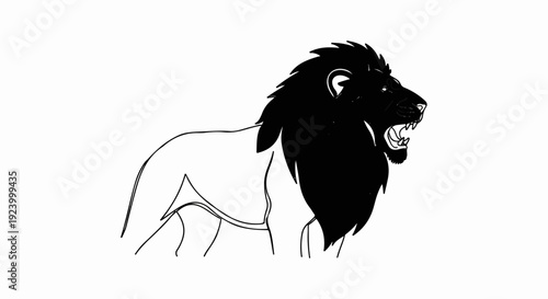 Stylized black and white lion illustration with roaring expression
