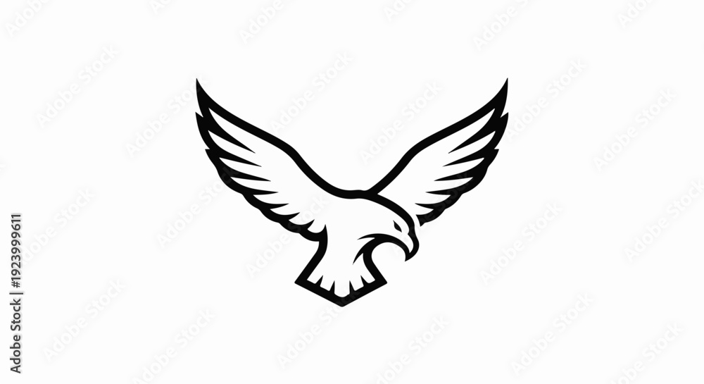 Obraz premium Stylized black outline of a raptor with wings spread in flight, isolated on white