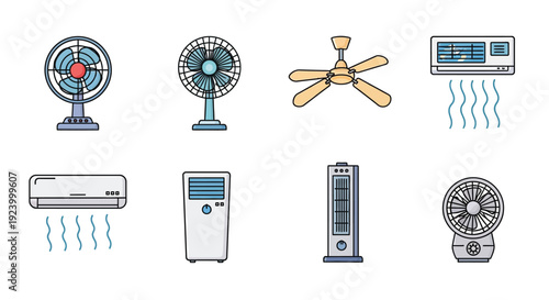 Various cooling appliances illustrated in a flat colorful style
