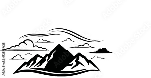 Stylized black and white mountain peaks with swirling clouds above