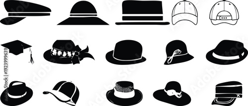 Collection of diverse hat and cap silhouettes featuring various styles from graduation mortars and sun hats to classic fedoras and baseball caps.