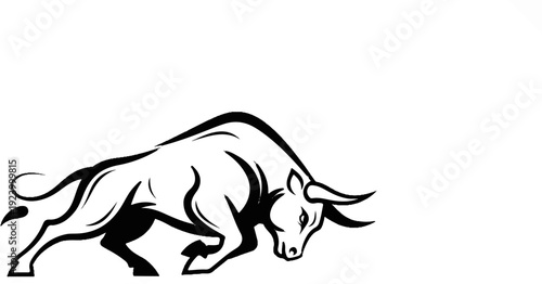 Stylized black bull charging forward with powerful musculature