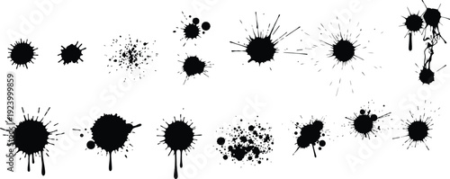 Set of black ink splatter stains isolated on white background. Grunge paint drops and abstract blot collection. Messy artistic elements for posters, street art, and graphic design. 