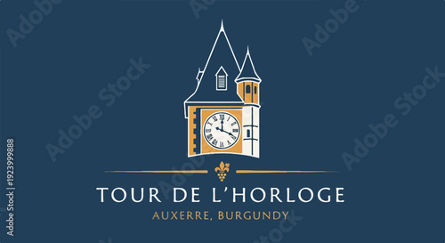 Stylized clock tower and text on dark blue background