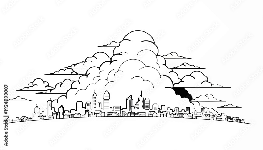 Fototapeta premium Stylized cityscape with dramatic clouds overhead, black and white line art