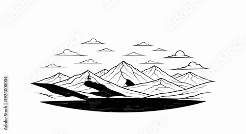 Stylized black and white mountains and water under a cloudy sky