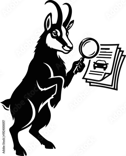 Stylized black chamois inspects car image on paper with magnifying glass