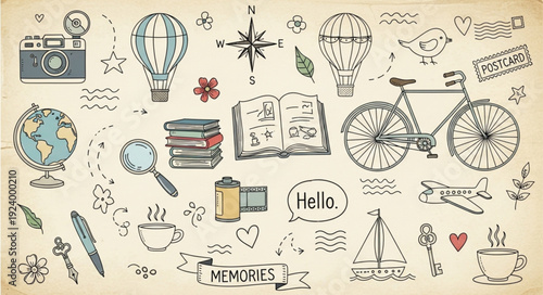 Travel and Adventure Doodle Collection with Vintage Elements.