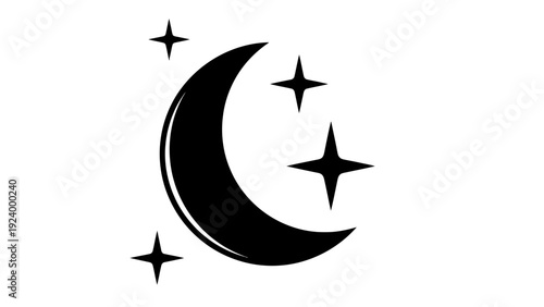 Black crescent moon and stars symbol.
