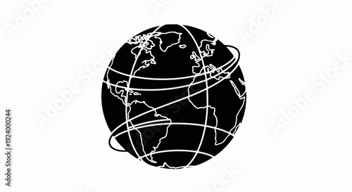 Stylized black globe with white continents and orbital lines
