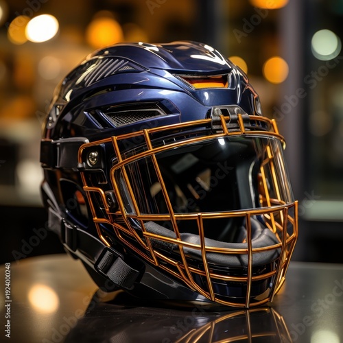 Sleek lacrosse helmet close-up on display