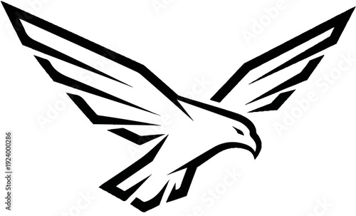 Stylized black hawk in flight, wings spread, sharp geometric lines