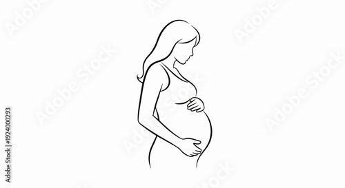Stylized black and white outline drawing of a pregnant woman