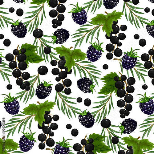 Blackberries and black currants in a specific order.Vector seamless pattern with blackberries and black currants on a transparent background.