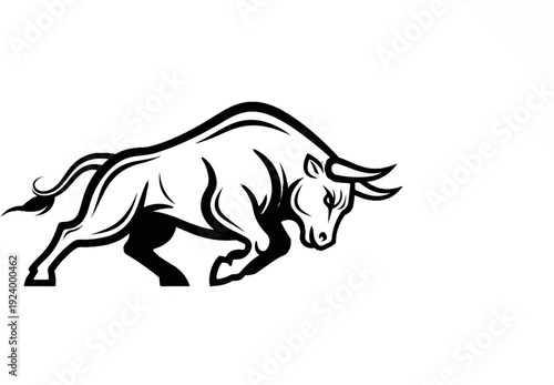 Stylized charging bull illustration in black ink on white background
