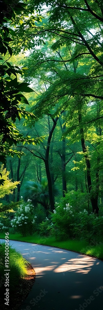 Obraz premium A quiet glade, bathed in diffused light, invites contemplation along its verdant curve, ambient, eye level
