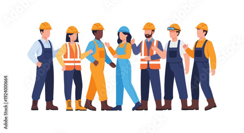 Diverse Team of Construction Workers and Skilled Tradespeople in Hard Hats & Safety Gear - Building Industry Workforce & Collaboration Concept