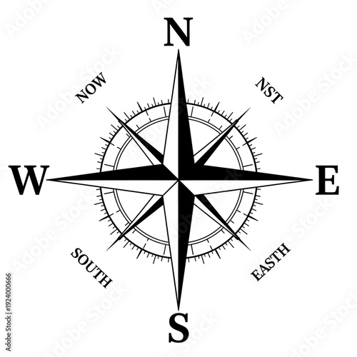Black and white compass navigation symbol.